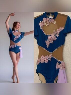 Competition Custom solo dance costume teal lyrical floral illusion modest SA
